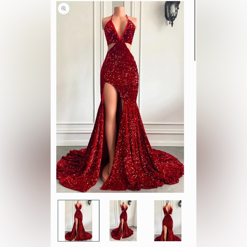 Wine Red Halter Sequins Mermaid Prom Dress With Split